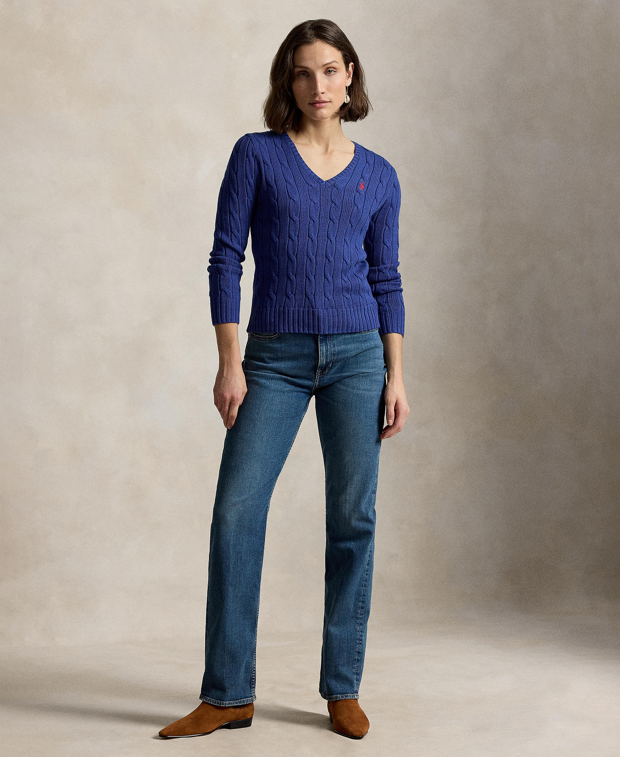 Polo Ralph Lauren Women's Cable-Knit Cotton V-Neck Sweater - Charter Blue