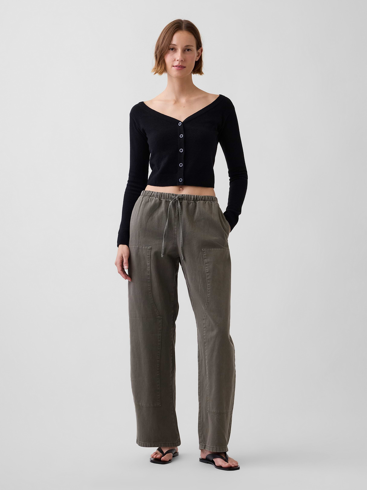 Easy Double-Knee Barrel Pants - Black moss green