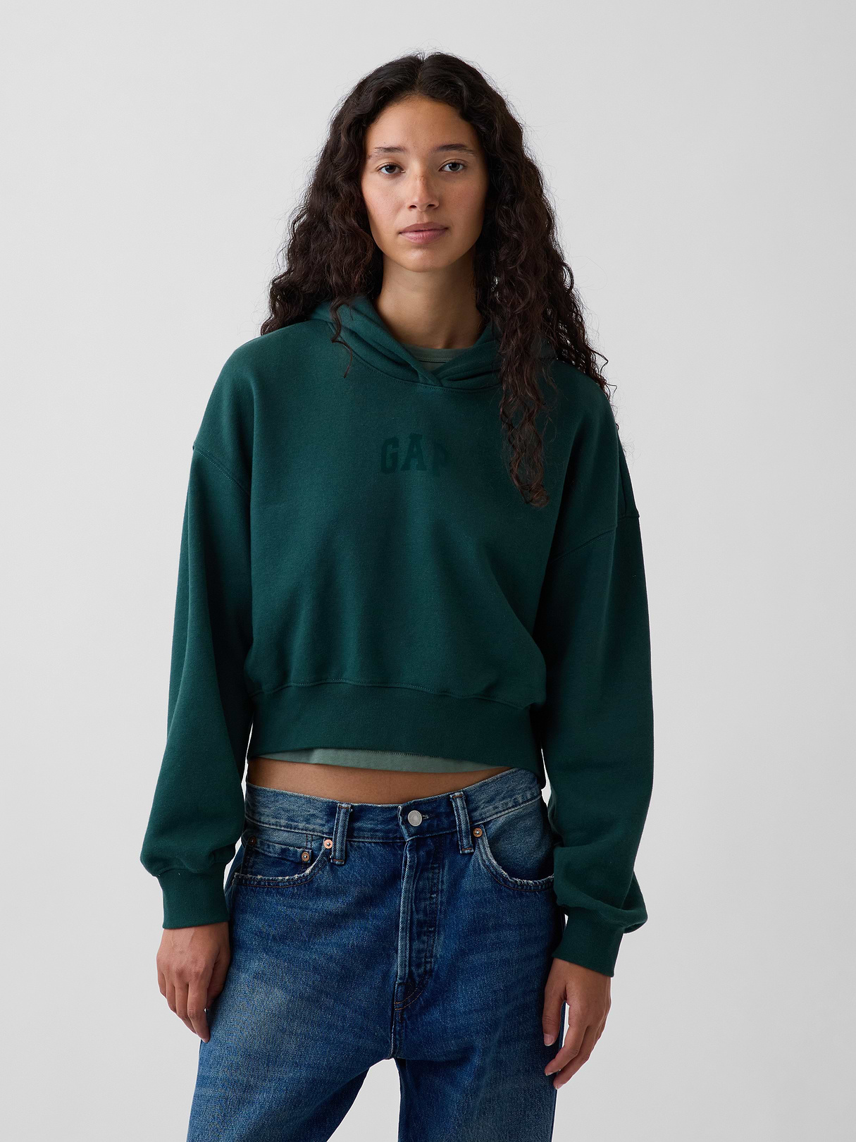 VintageSoft Crop Logo Hoodie - Dark green