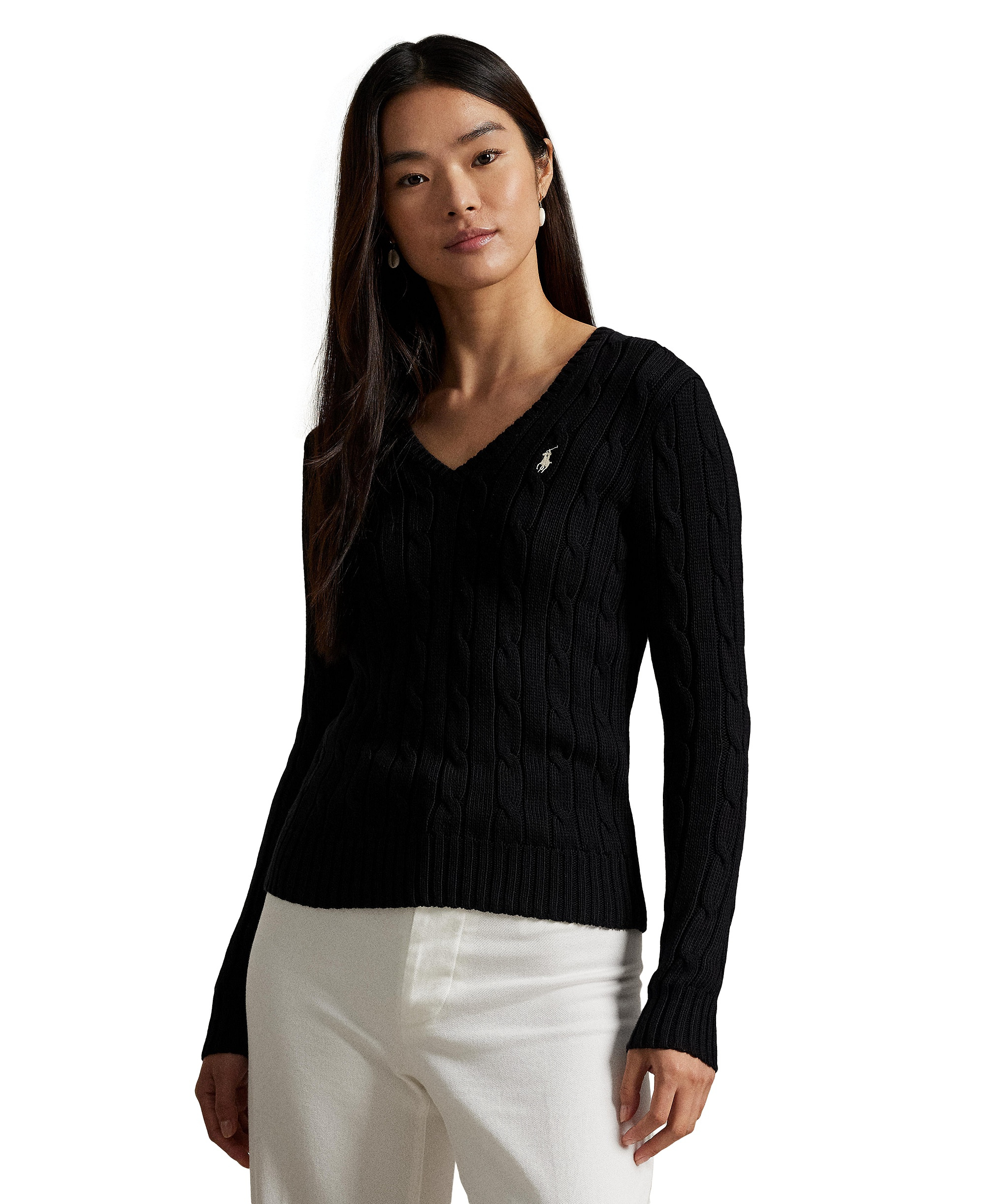 Polo Ralph Lauren Women's Cable-Knit Cotton V-Neck Sweater - Polo Black/White