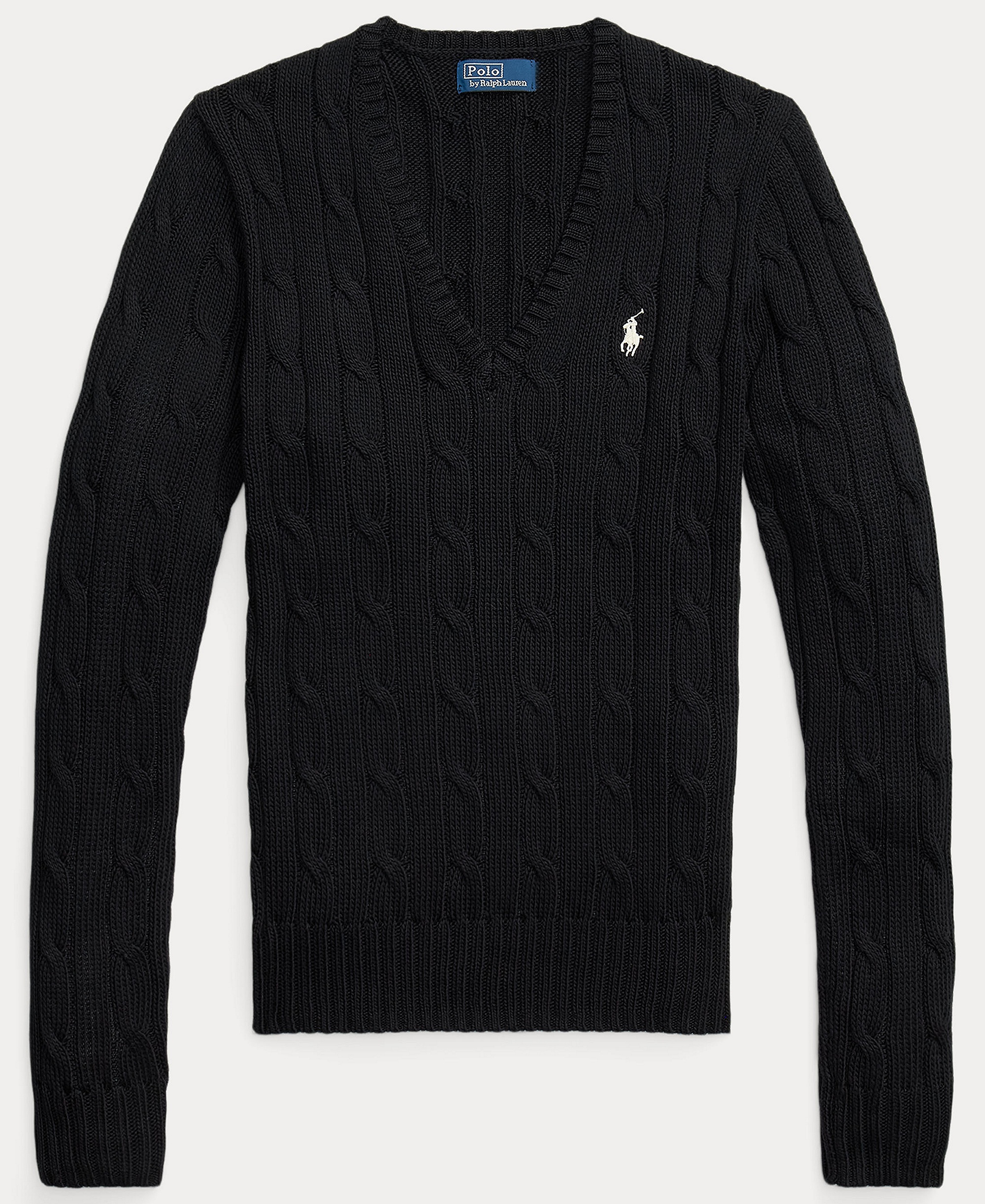 Polo Ralph Lauren Women's Cable-Knit Cotton V-Neck Sweater - Polo Black/White
