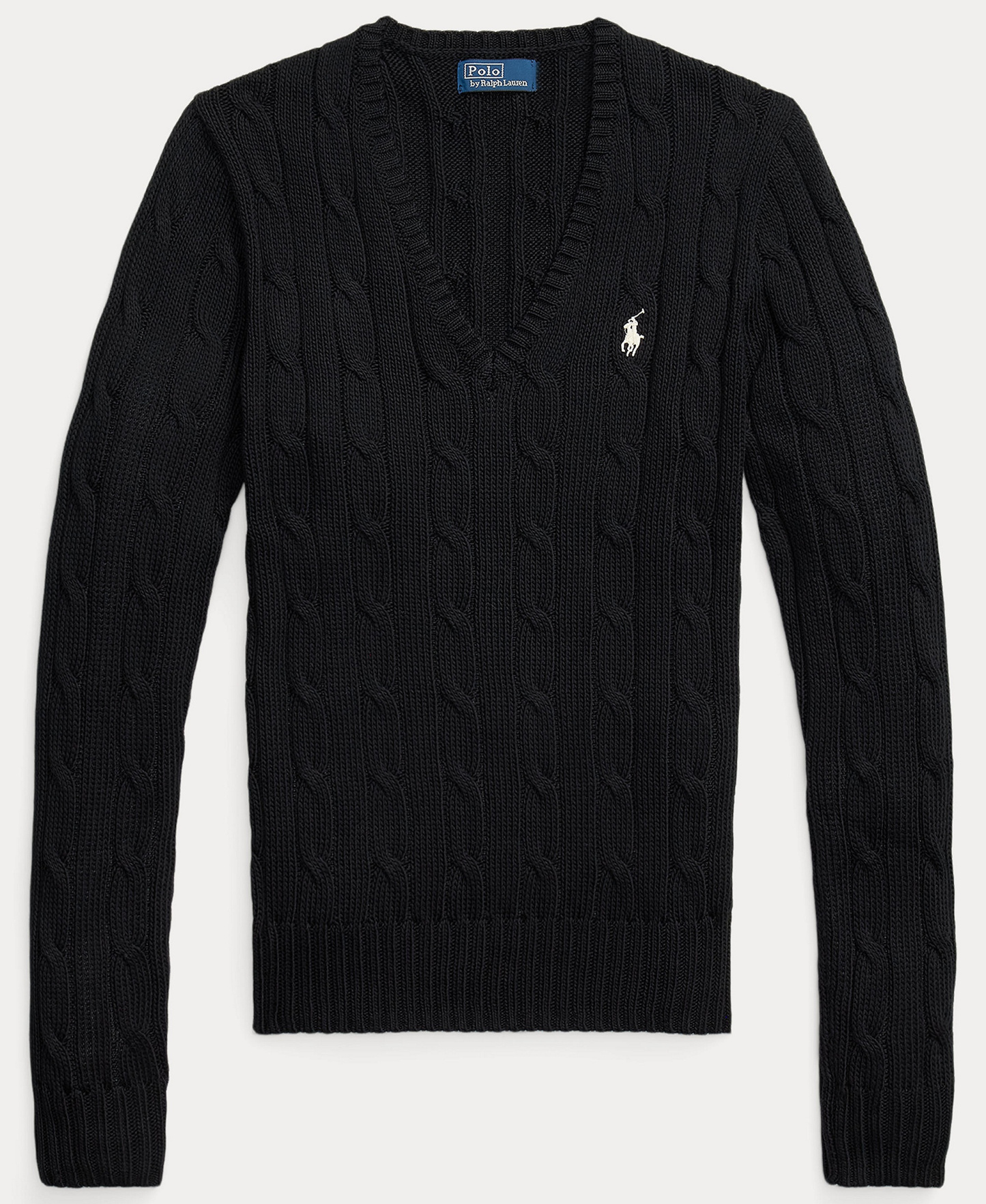 Polo Ralph Lauren Women's Cable-Knit Cotton V-Neck Sweater - Polo Black/White