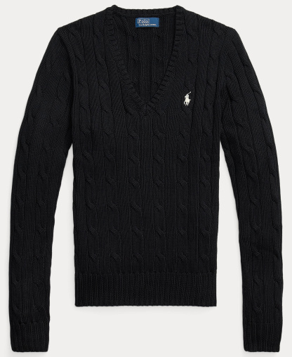 Polo Ralph Lauren Women's Cable-Knit Cotton V-Neck Sweater - Polo Black/White