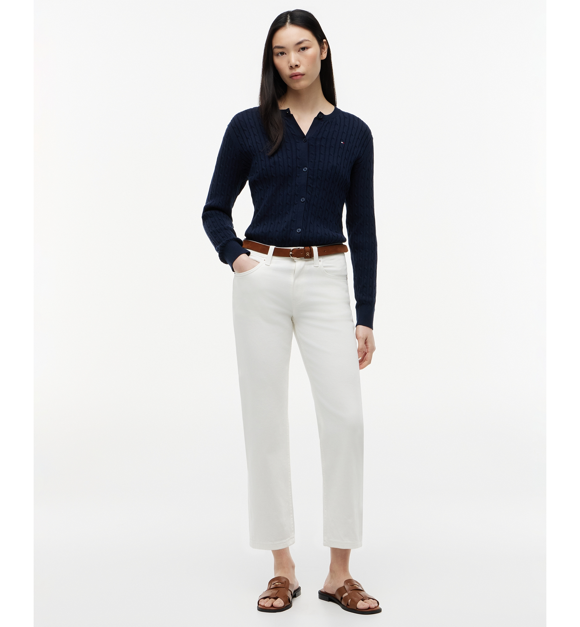 Tommy Hilfiger Women's Cable Knit Crew Neck Cardigan Sweater - Dark Night Navy