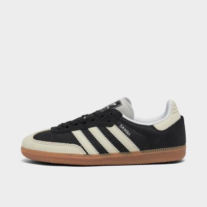 Women's adidas Originals Samba OG Casual Shoes - Part 7 - Core Black/Wonder White/Silver Metallic - Left shoe facing left. Outside of the shoe.