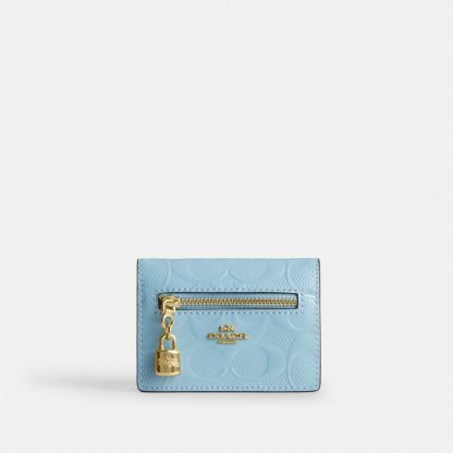 Card Case With Charm In Signature Leather - Gold/Light Blue