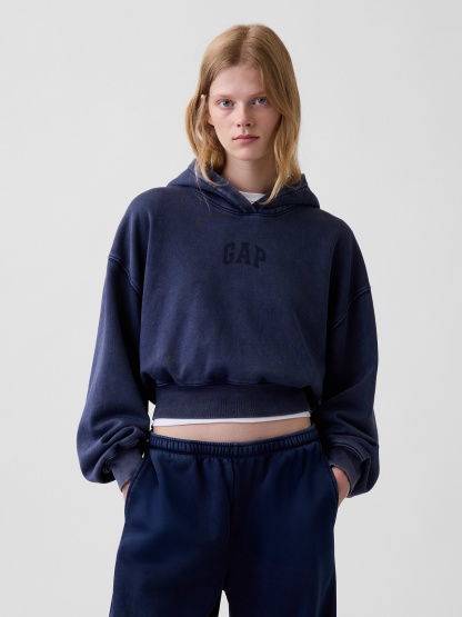 VintageSoft Crop Logo Hoodie - Tapestry navy blue wash