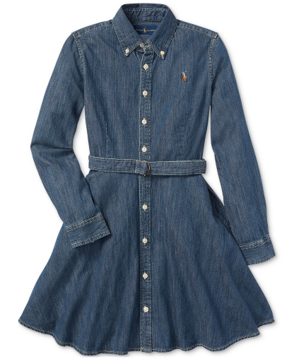 Polo Ralph Lauren Big Girls Belted Denim Cotton Shirtdress - Indigo