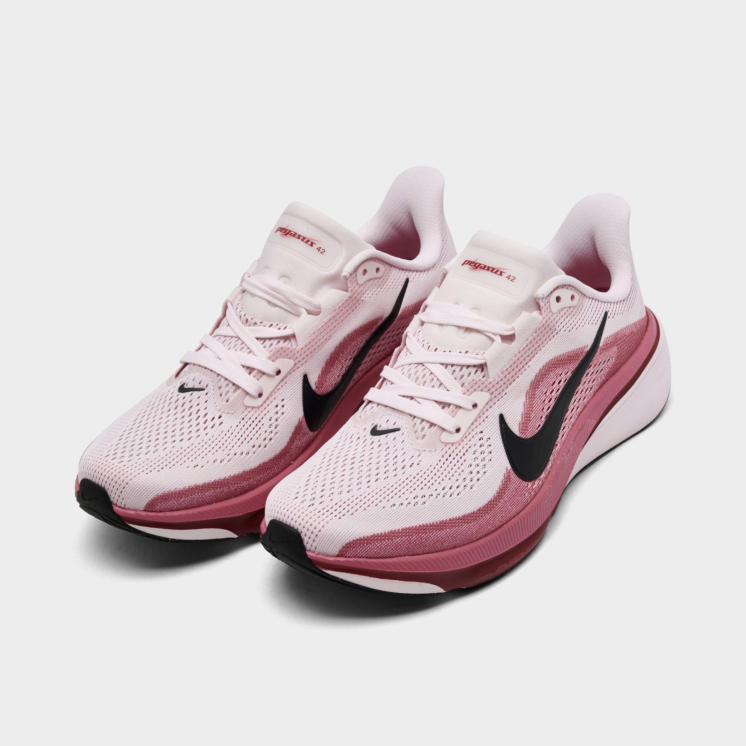 Women's Nithtke Pegasus 42 Running Shoes - Part 2 - Pearl Pink/Black/Peony/Team Crimson - Both shoes facing left