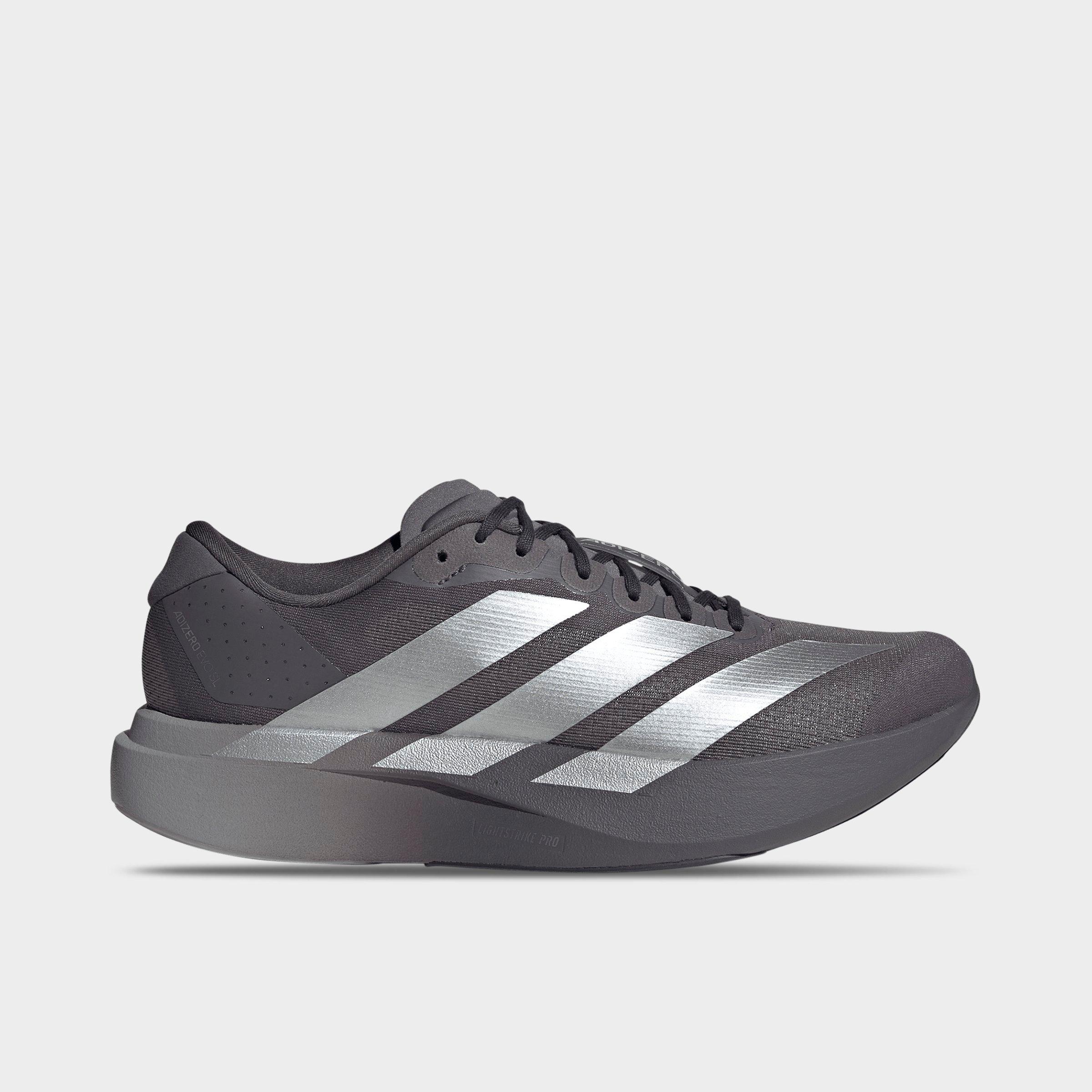 Men's adidas Adizero EVO SL Running Shoes - Part 1 - Grey Strata/Silver Metallic/Light Granite - Left shoe facing left. Outside of the shoe.
