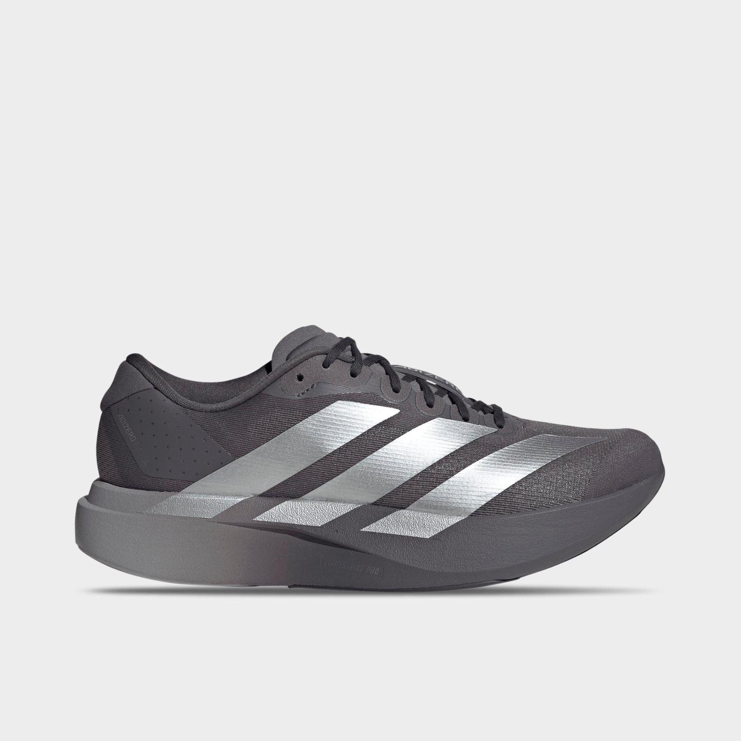 Men's adidas Adizero EVO SL Running Shoes - Part 1 - Grey Strata/Silver Metallic/Light Granite - Left shoe facing left. Outside of the shoe.