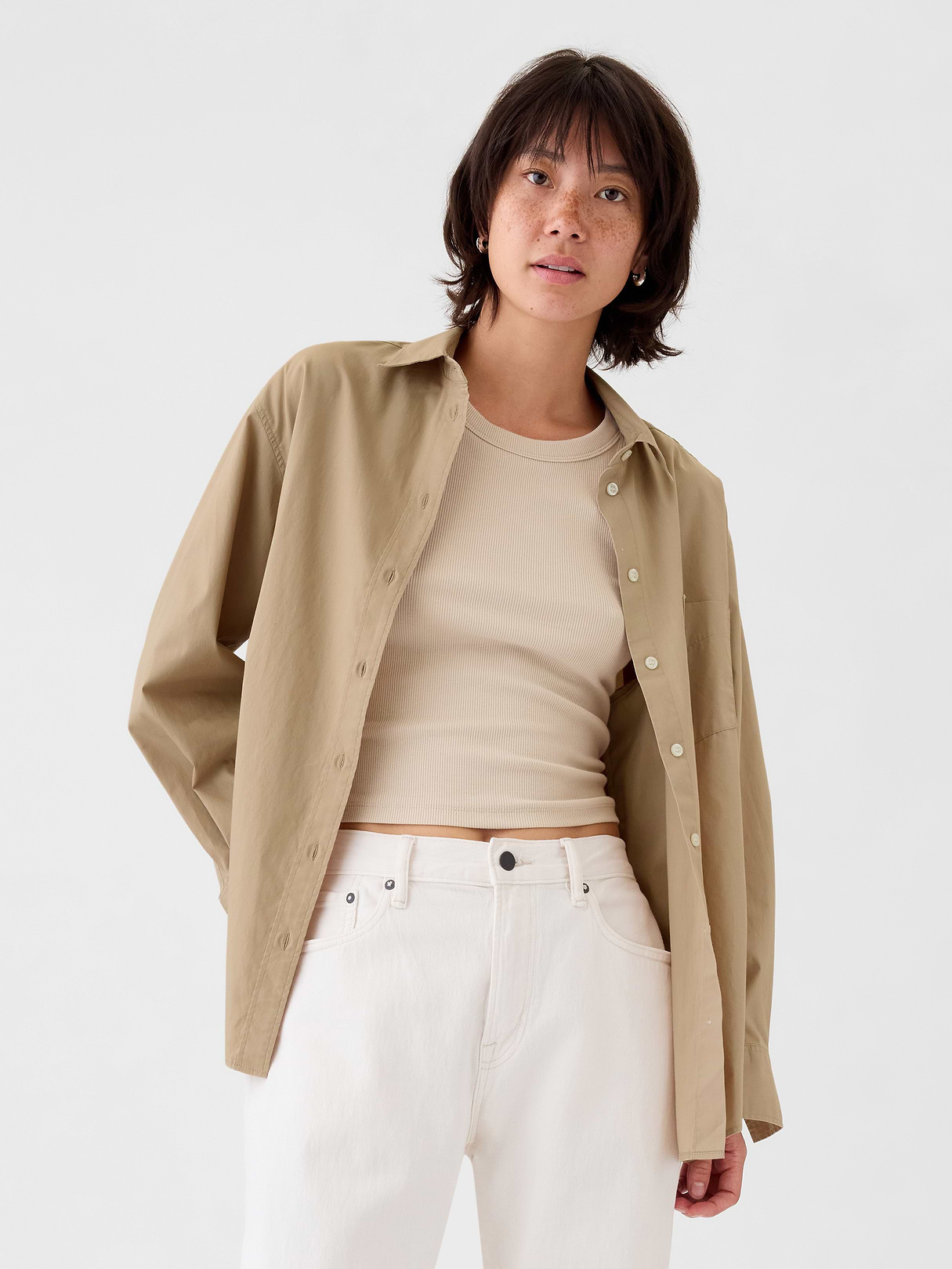 Organic Cotton Poplin Stripe Big Shirt - khaki tan