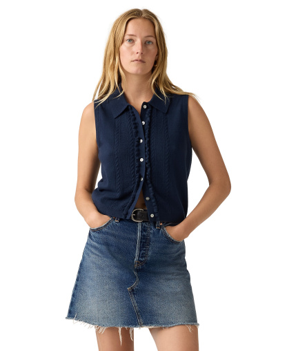 Levi's Premium Women's Super Soft Mini Ruffle-Sleeveless Collared Vest - Navy Blazer
