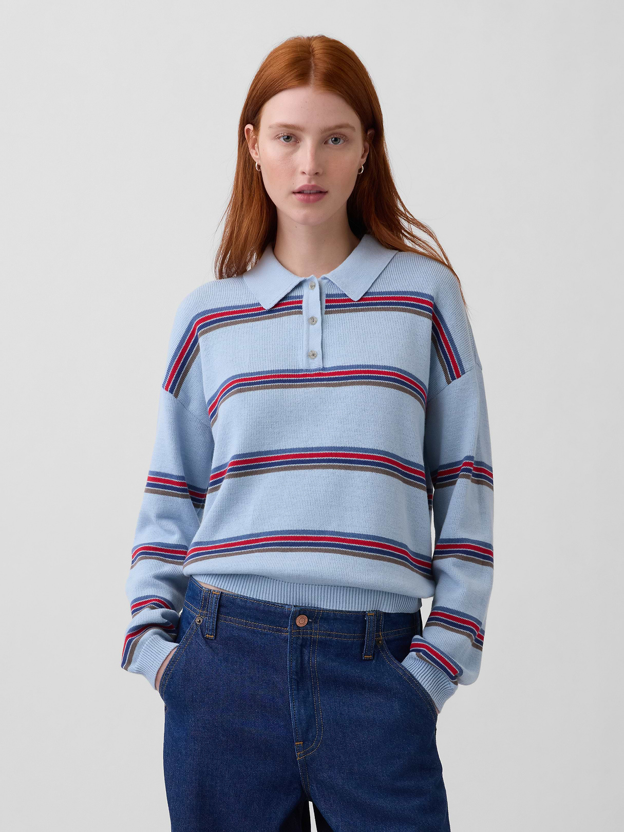 100% Cotton Relaxed Polo Sweater - Sail blue