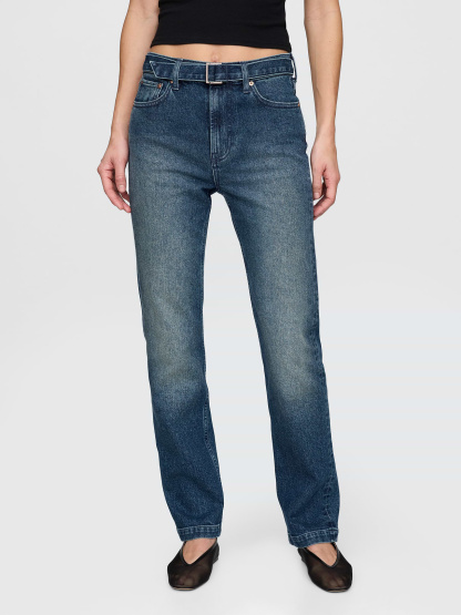 High Rise Twisted-Seam '90s Slim Straight Jeans - Belted dark rinse