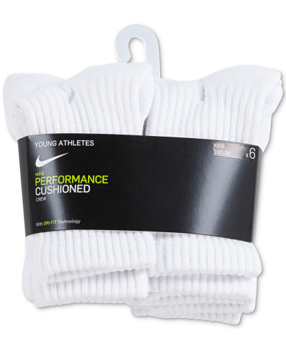 Nike Kids' 5-7 Performance Crew Socks, 6-Pack - White