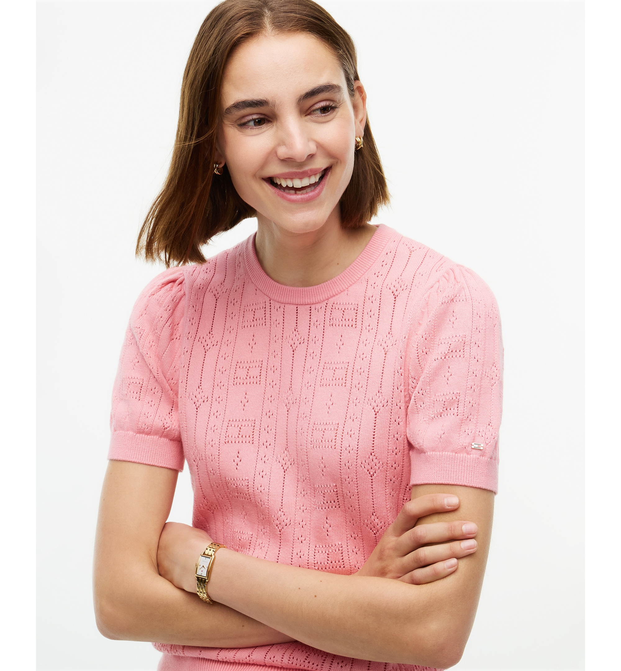 Tommy Hilfiger Women's Pointelle Puff-Sleeve Sweater - Carnation Pink