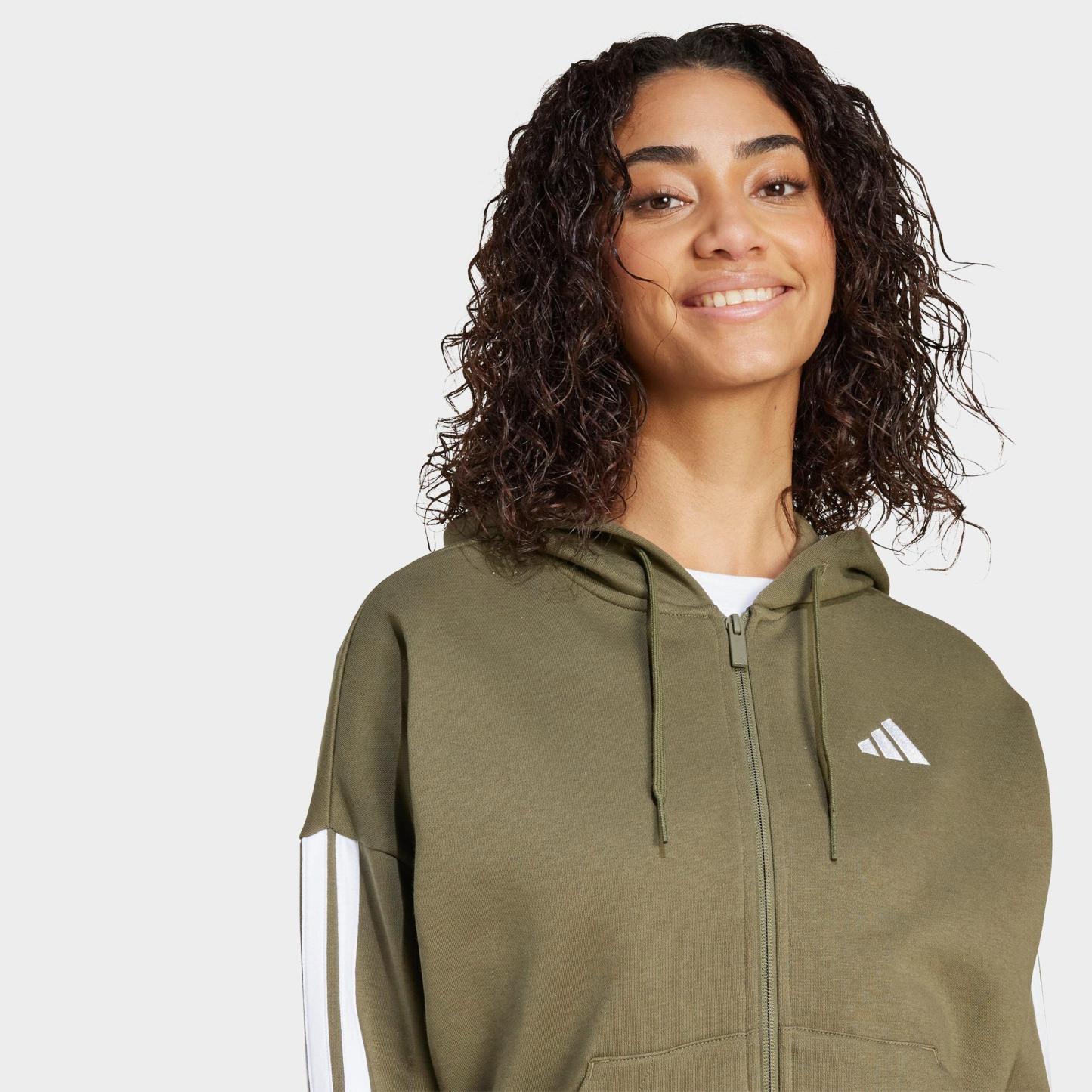 Women's adidas Essentials 3-Stripes Fleece Full-Zip Hoodie - Olive Strata/White