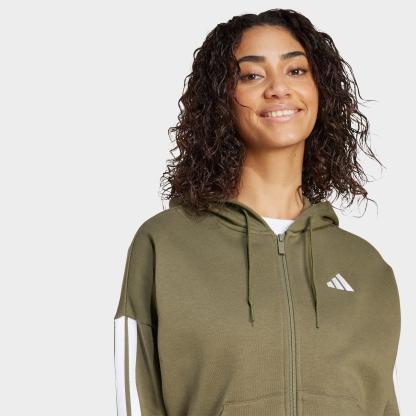 Women's adidas Essentials 3-Stripes Fleece Full-Zip Hoodie - Olive Strata/White