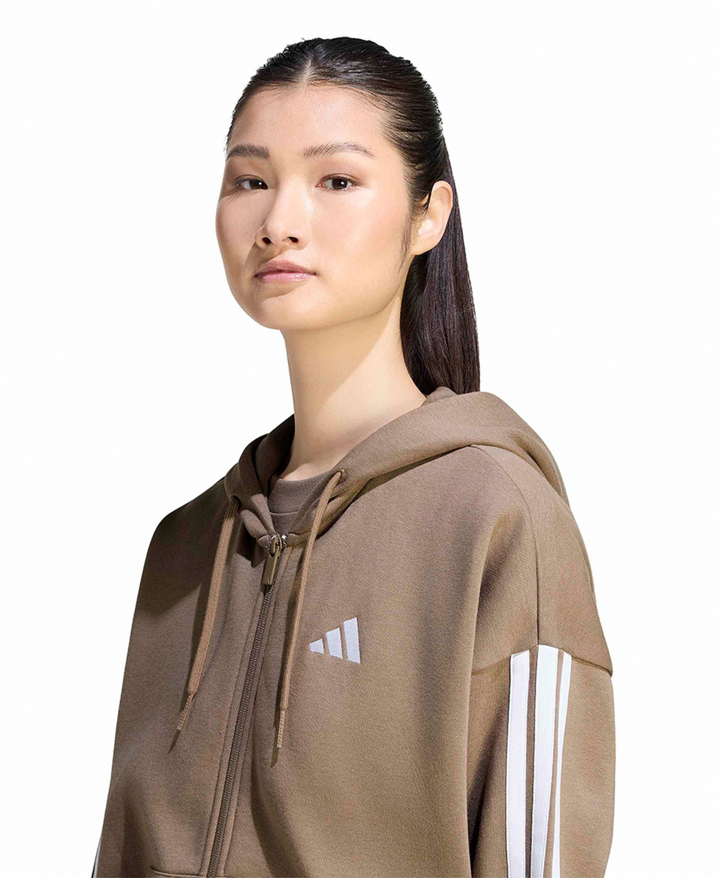 adidas Women's 3-Stripe Fleece Full-Zip Hoodie - Khaki Six/white