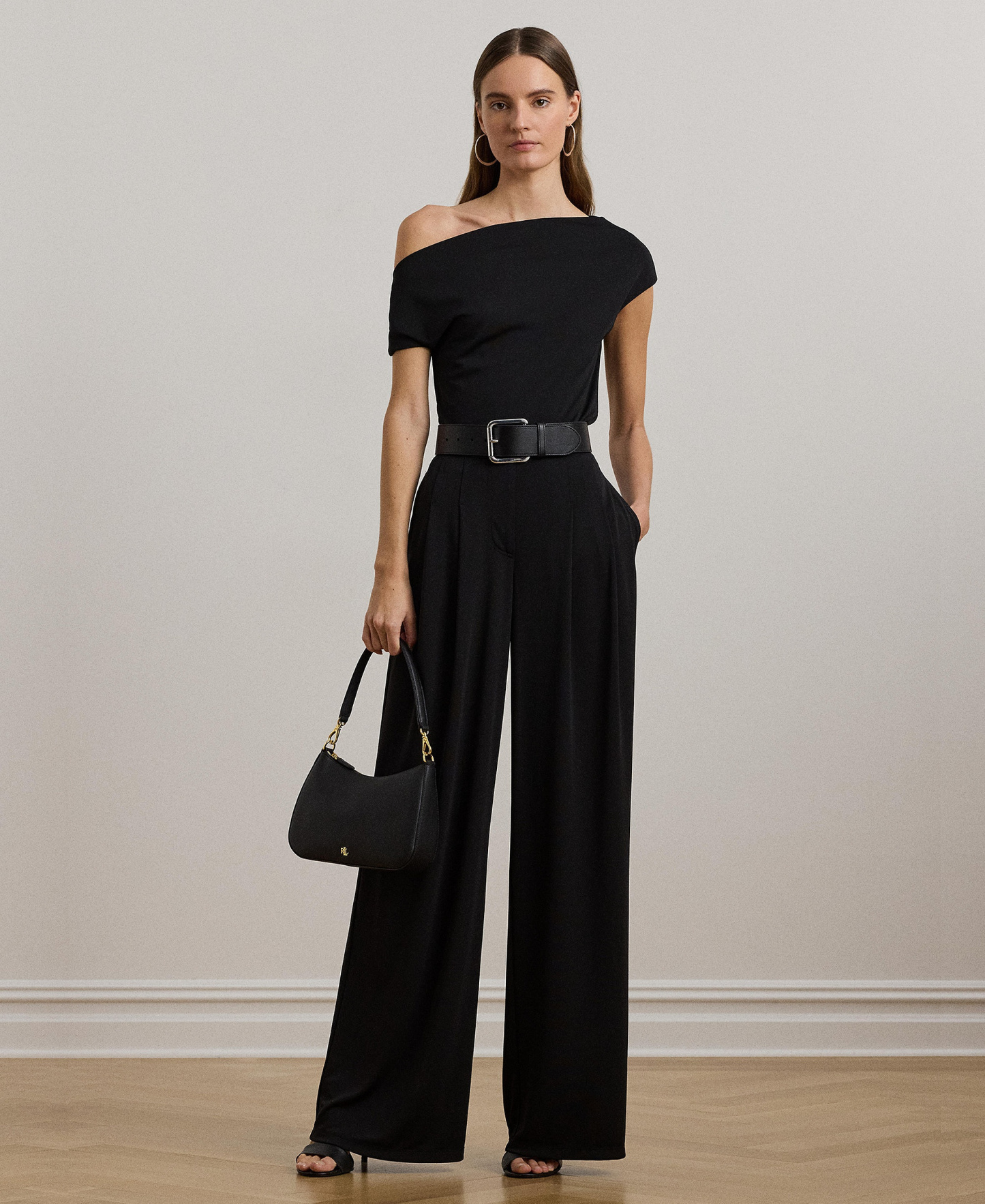 Lauren Ralph Lauren Women's Pleated Stretch Jersey Wide-Leg Pants - Black