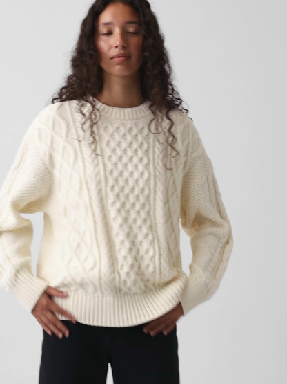 100% Cotton Cable-Knit Oversized Sweater - Ivory beige frost