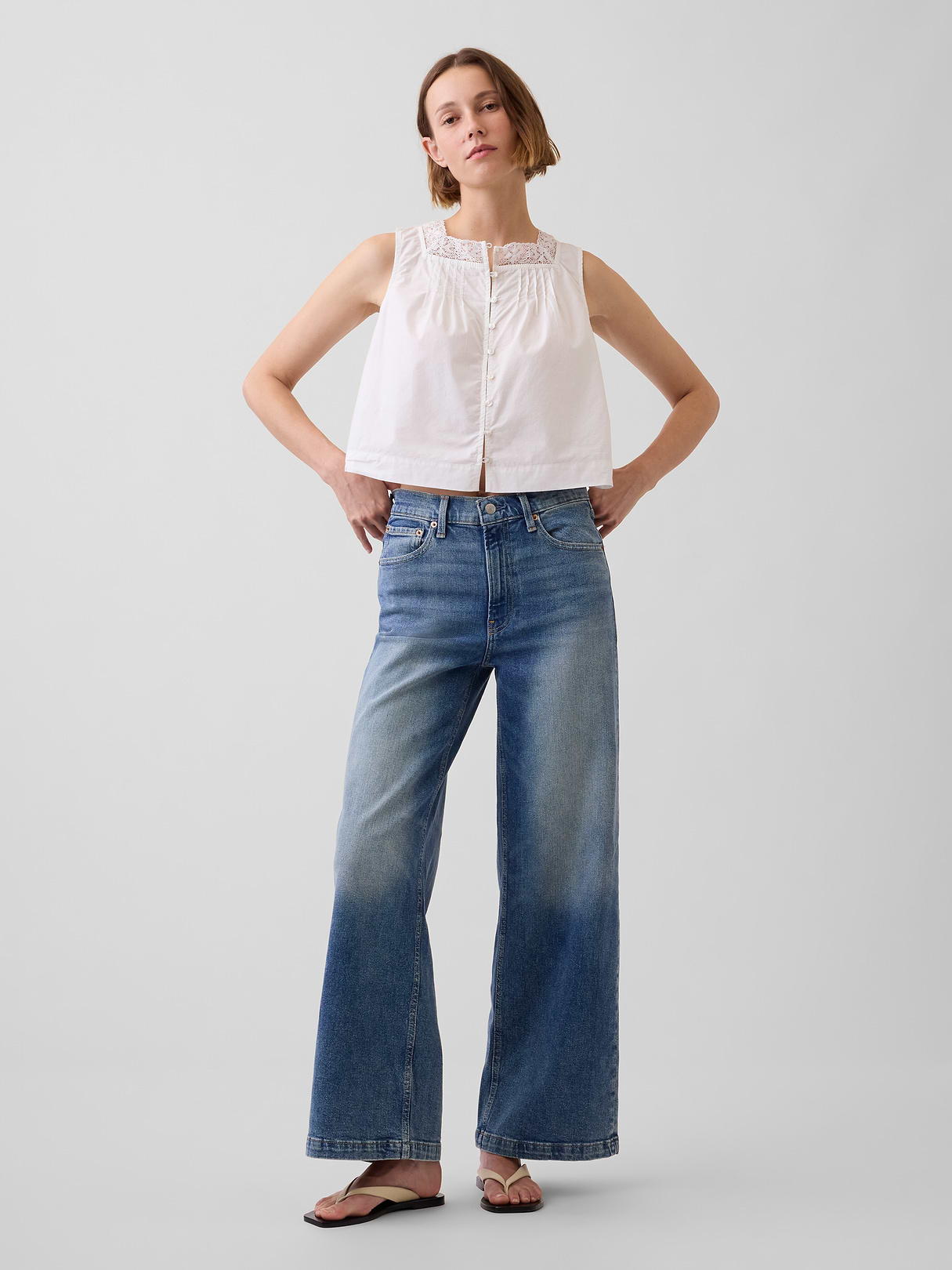 High Rise Stride Wide-Leg Ankle Jeans - Medium indigo