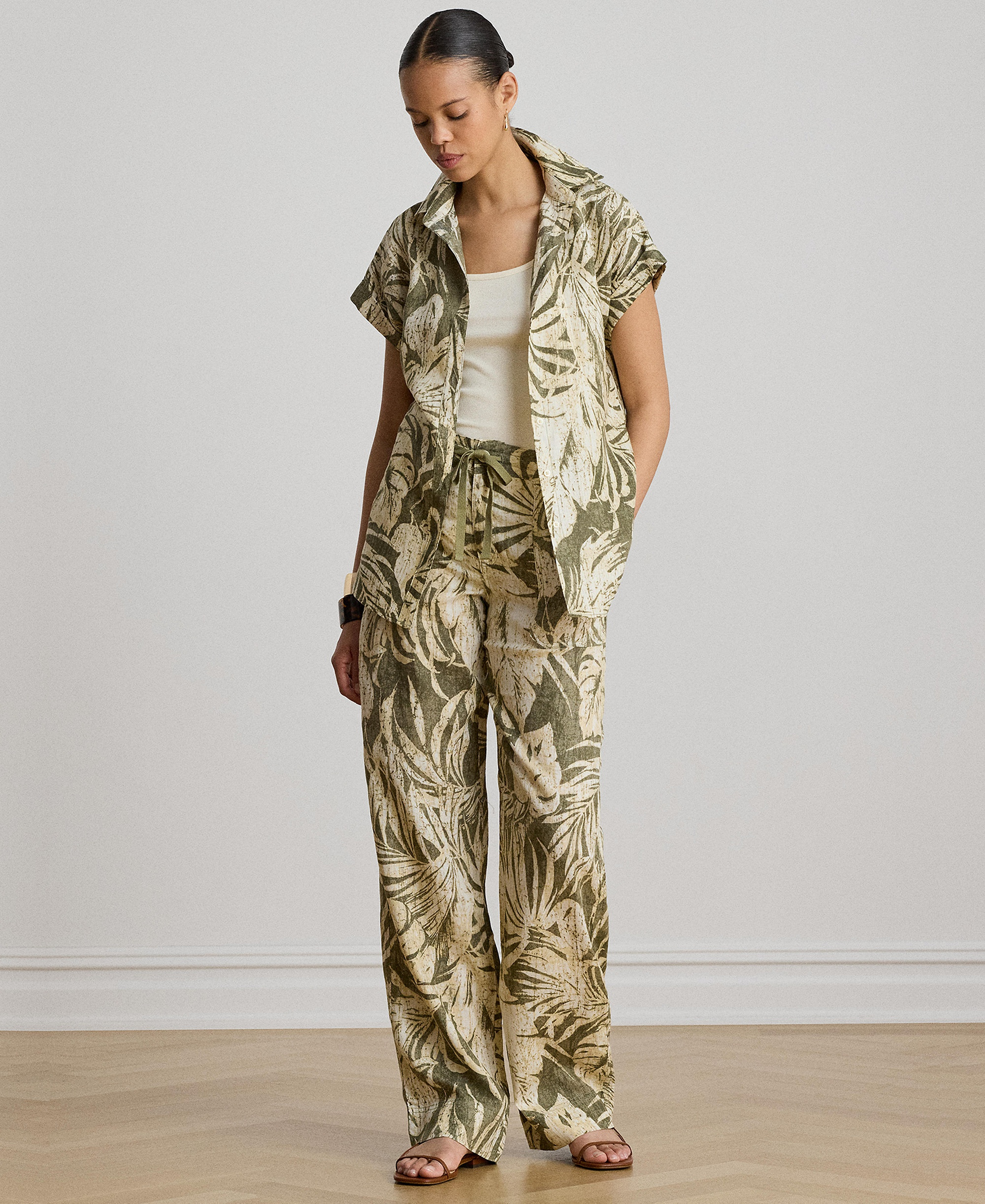 Lauren Ralph Lauren Women's Printed Point Collar Short-Sleeve Shirt - Olive Multi