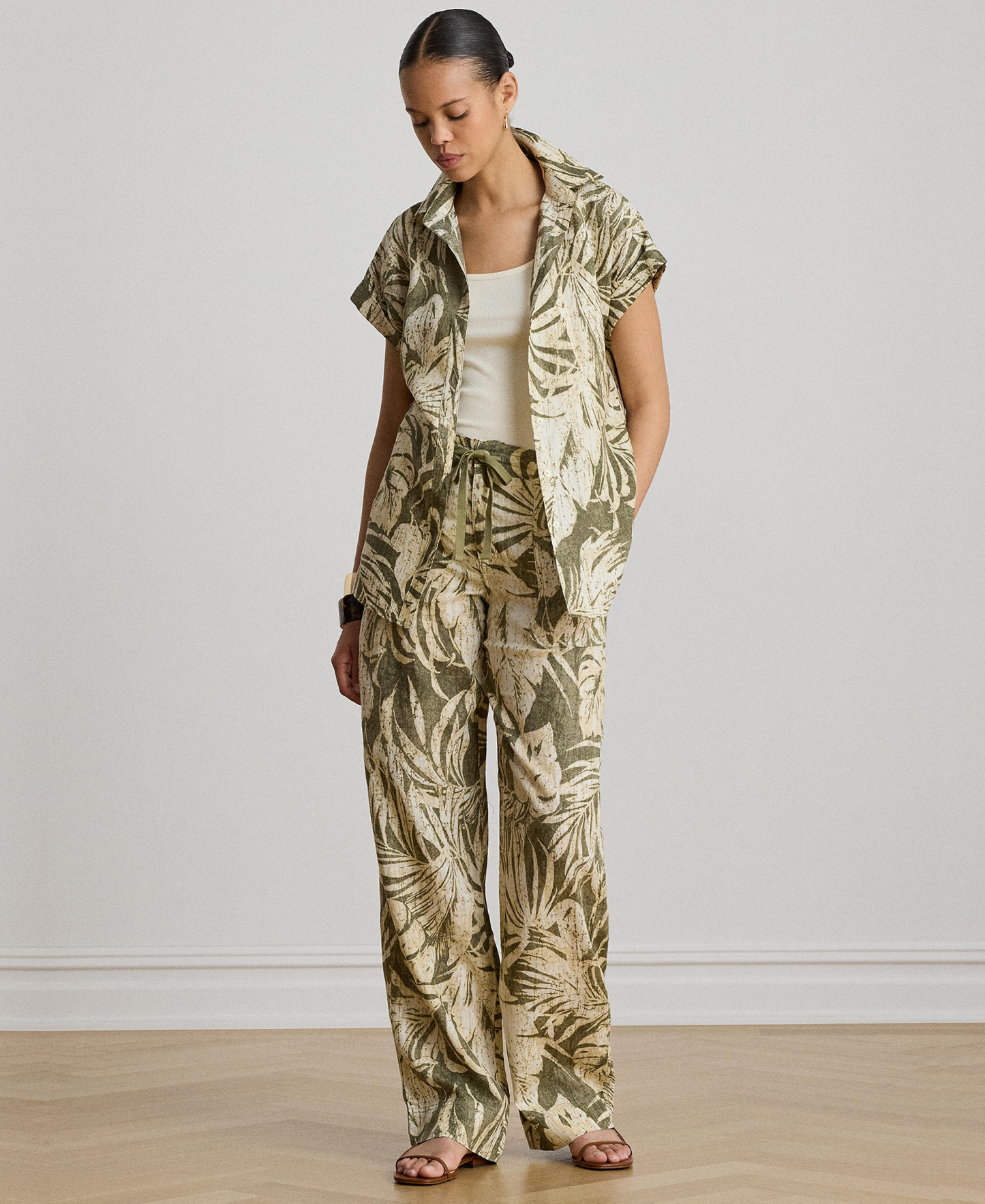 Lauren Ralph Lauren Women's Printed Point Collar Short-Sleeve Shirt - Olive Multi