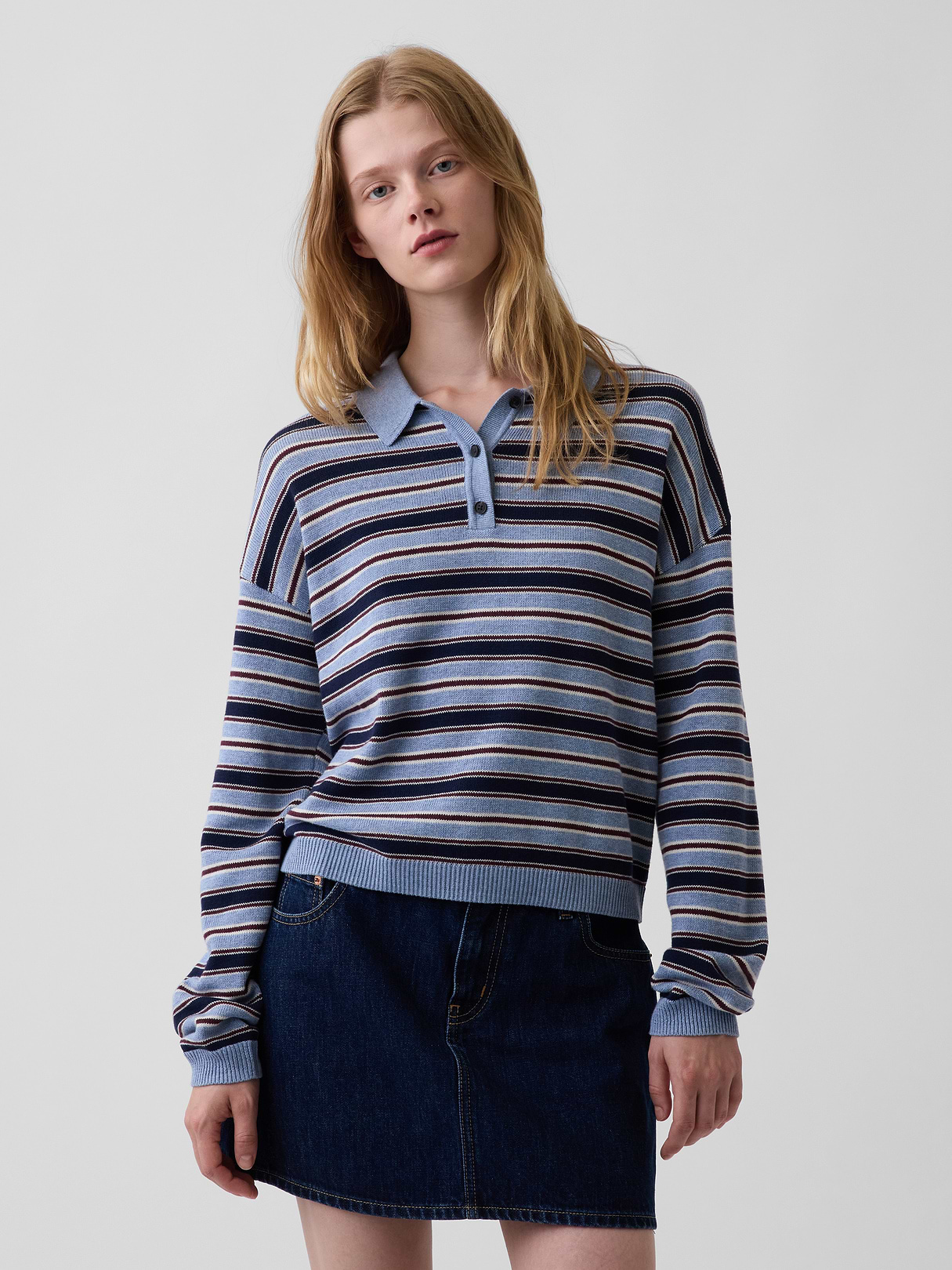 100% Cotton Relaxed Polo Sweater - Blue stripe