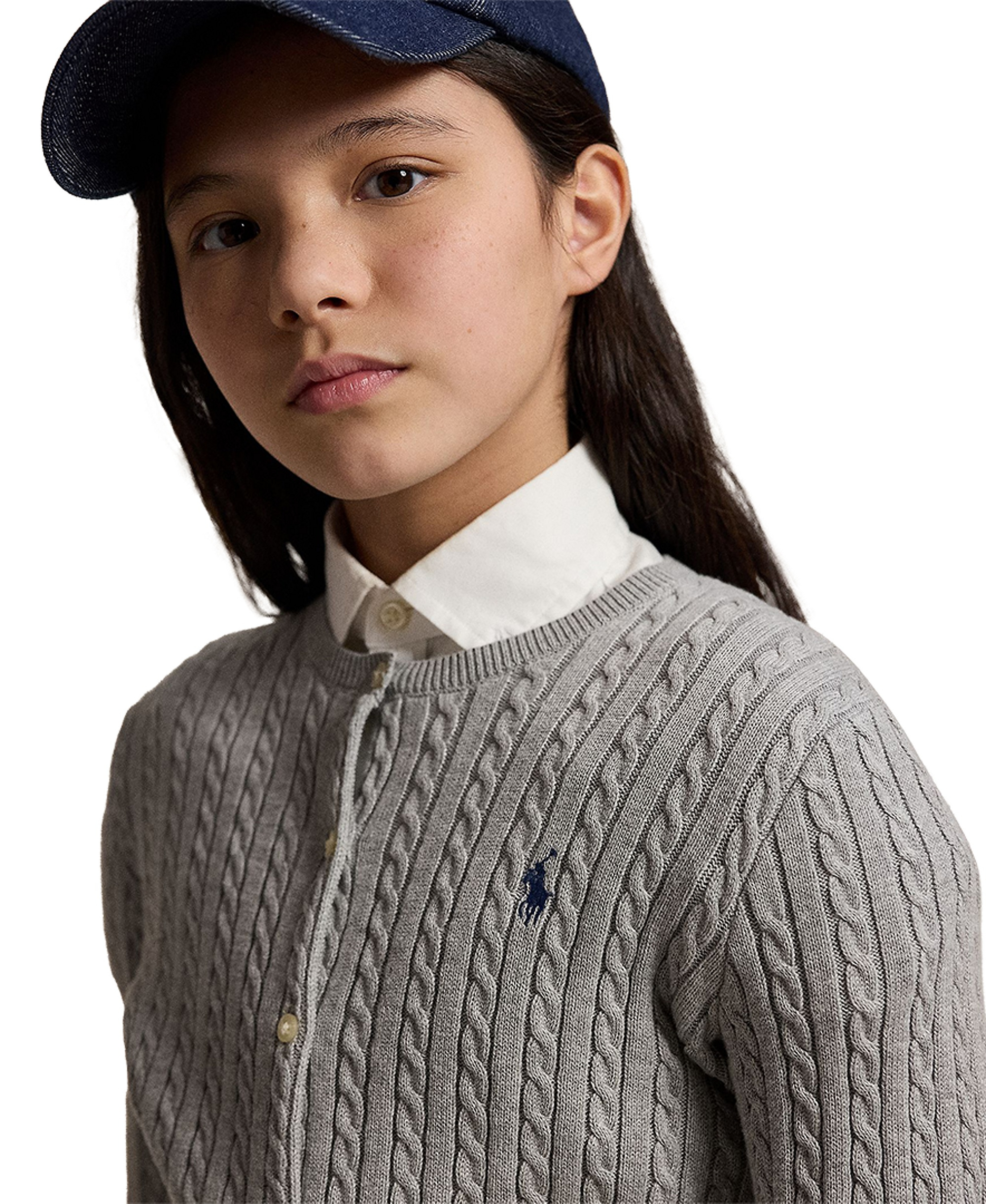 Polo Ralph Lauren Girls' 7-16 Mini-Cable Cardigan - Andover Heather/Navy