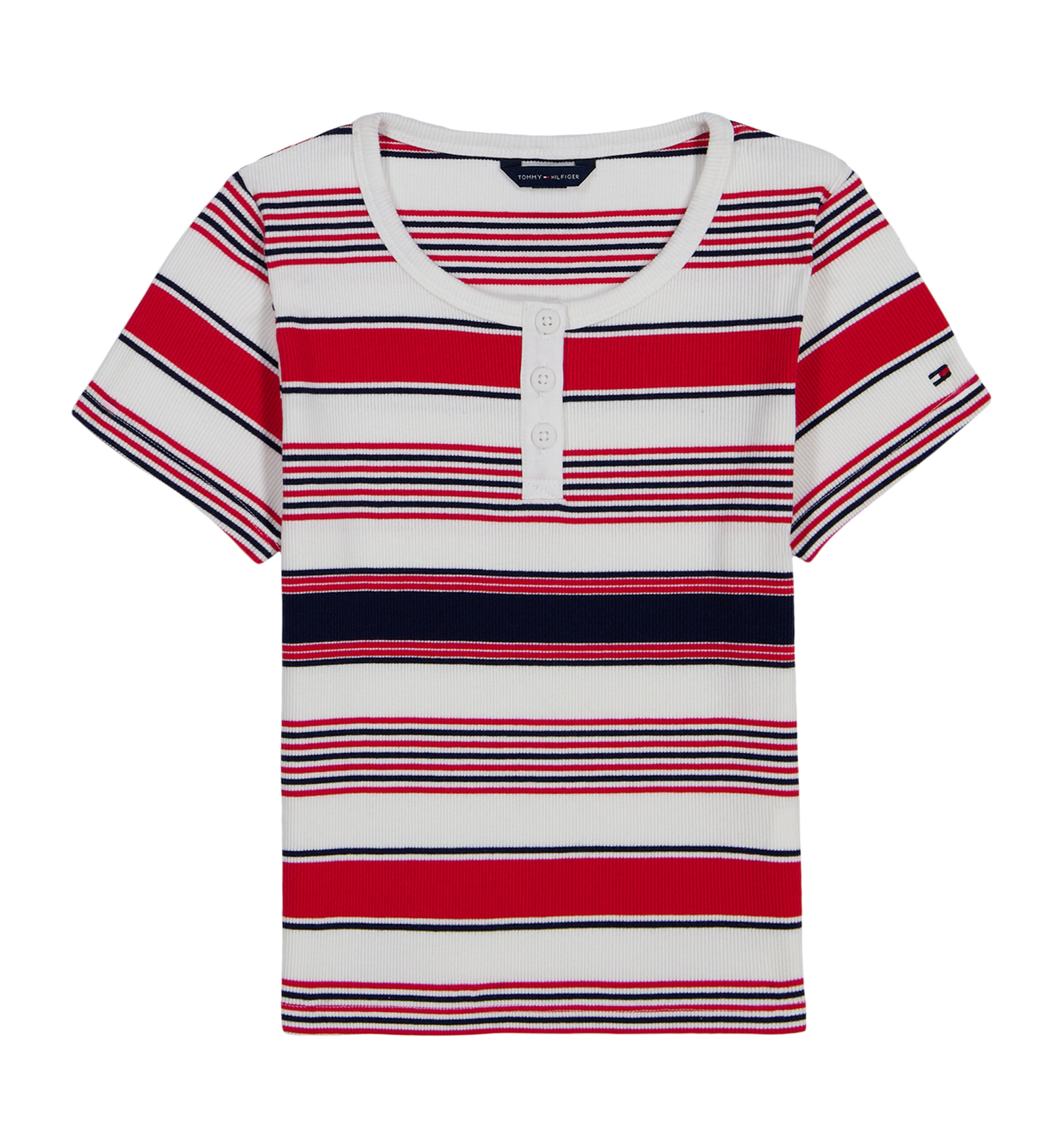 Tommy Hilfiger Girls' 7-16 Striped Ribbed Short-Sleeve Top - White/Navy/Red