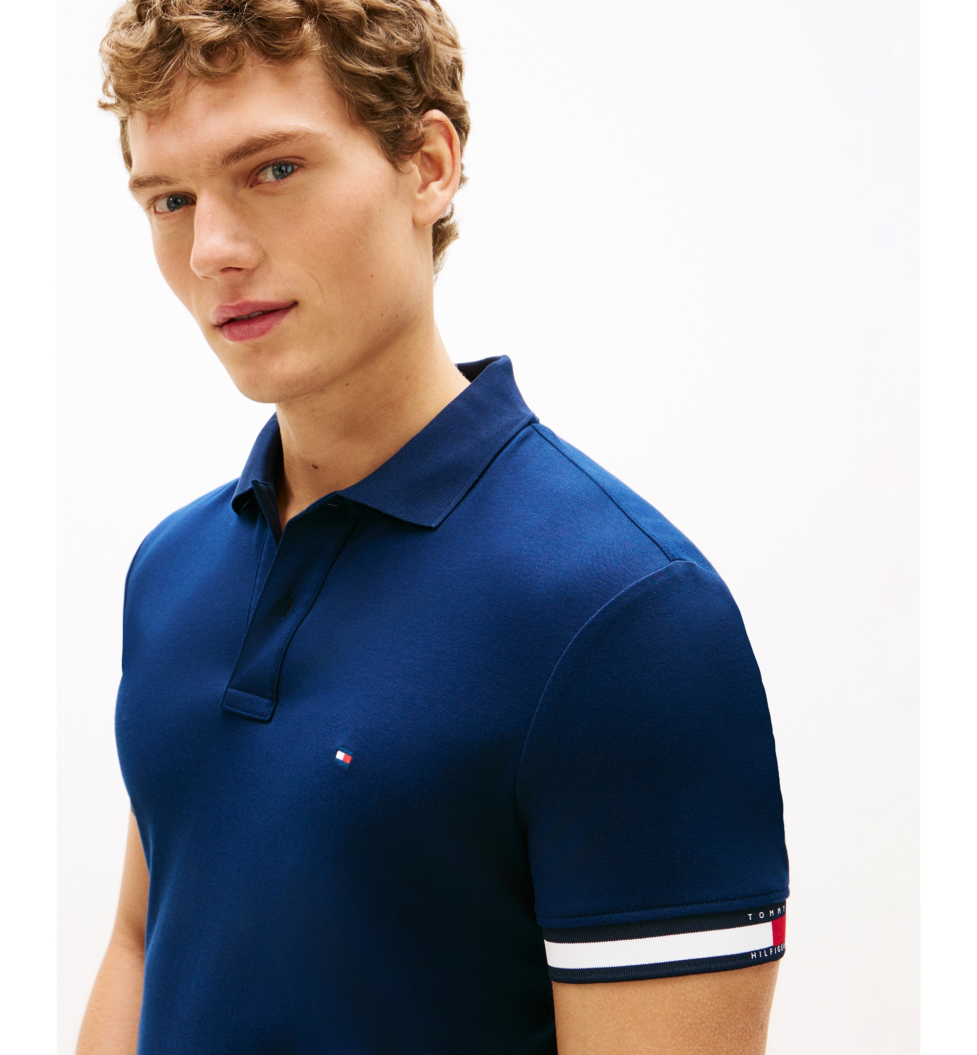 Tommy Hilfiger Men's Slim-Fit Smooth Touch Red, White, and Blue Cuff Polo Shirt - Carbon Navy