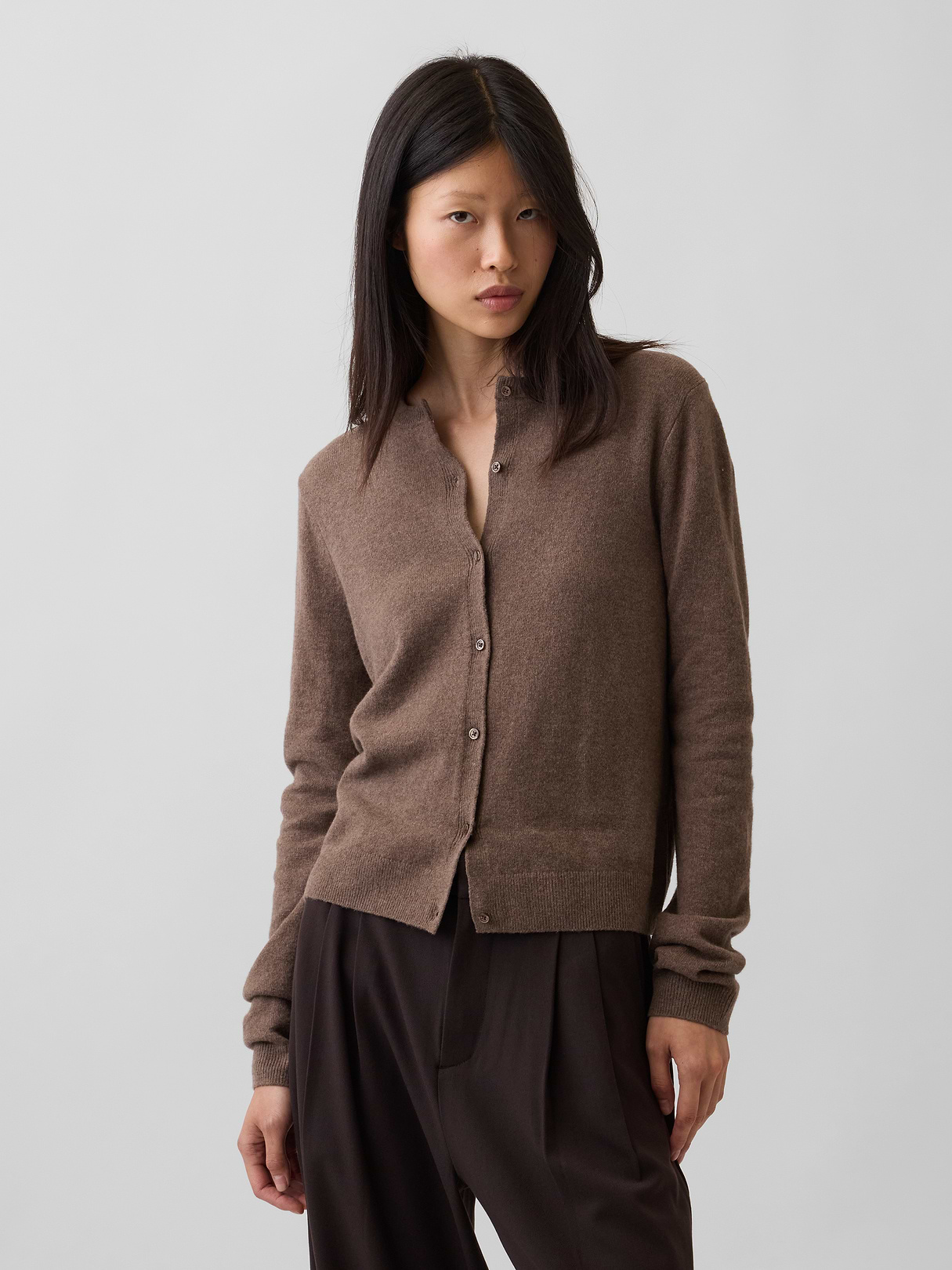 CashSoft Crop Cardigan - Cool brown heather