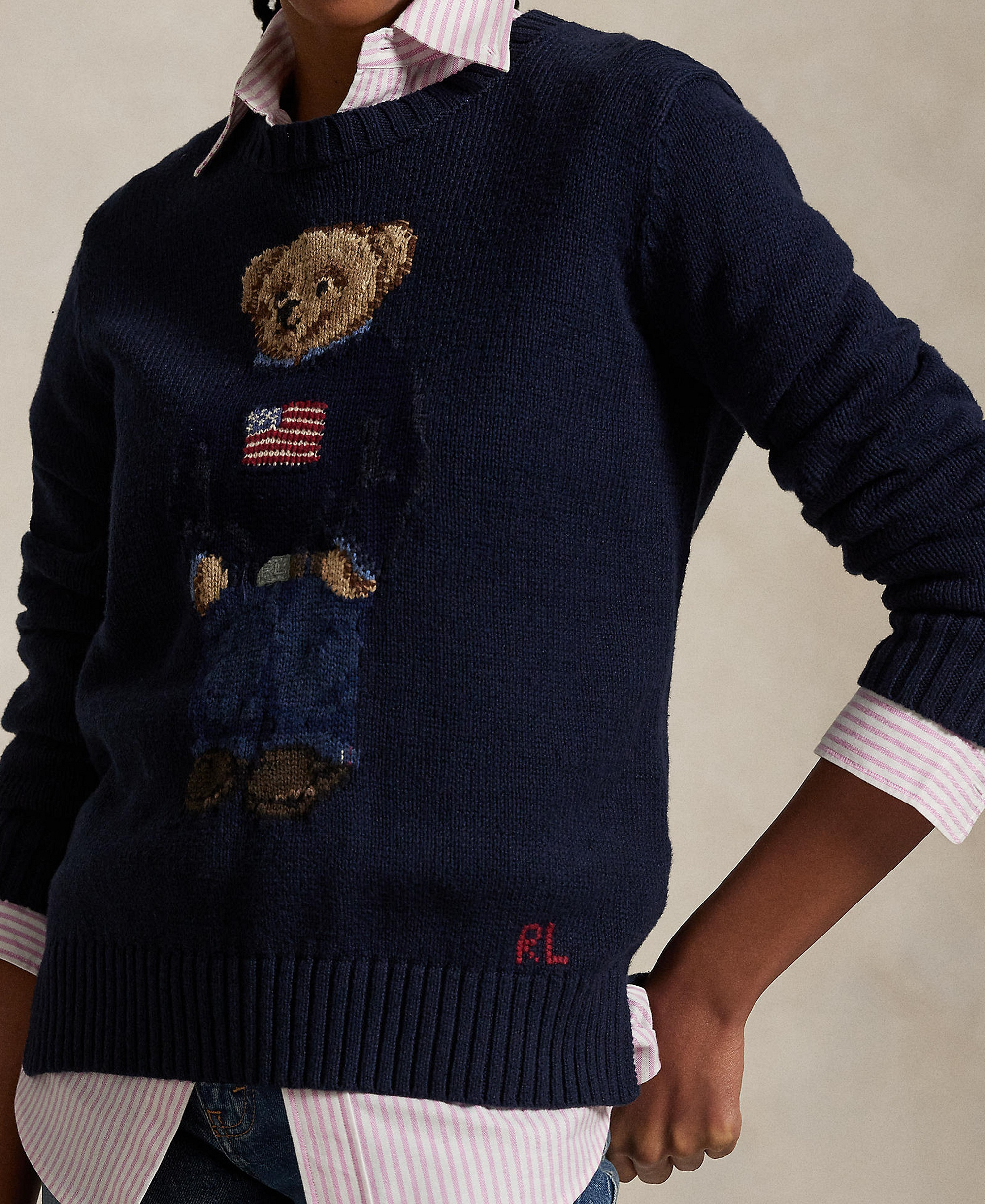 Polo Ralph Lauren Women's Polo Bear Linen-Cotton Crewneck Sweater - Navy Multi