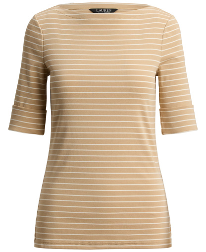 Lauren Ralph Lauren Women's Striped Boat Neck Top - Birch Tan/mascarpone Cream