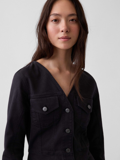 V-Neck Button-Front Mini Dress - Black