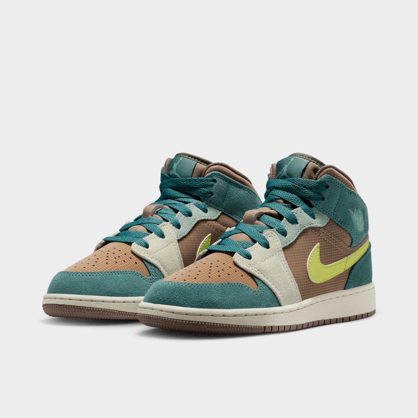 Big Kids' Air Jordan Retro 1 Mid Casual Shoes - Khaki/Hasta/Olive Grey/Light Lemon Twist - view 2