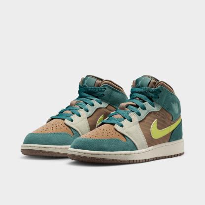 Big Kids' Air Jordan Retro 1 Mid Casual Shoes - Khaki/Hasta/Olive Grey/Light Lemon Twist - view 2