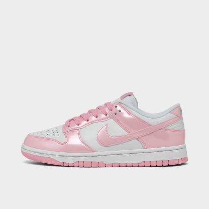 Women's Nithtke Dunk Low SE Casual Shoes - White/White/Metallic Silver/Pink Rise - Left shoe facing left. Outside of the shoe.