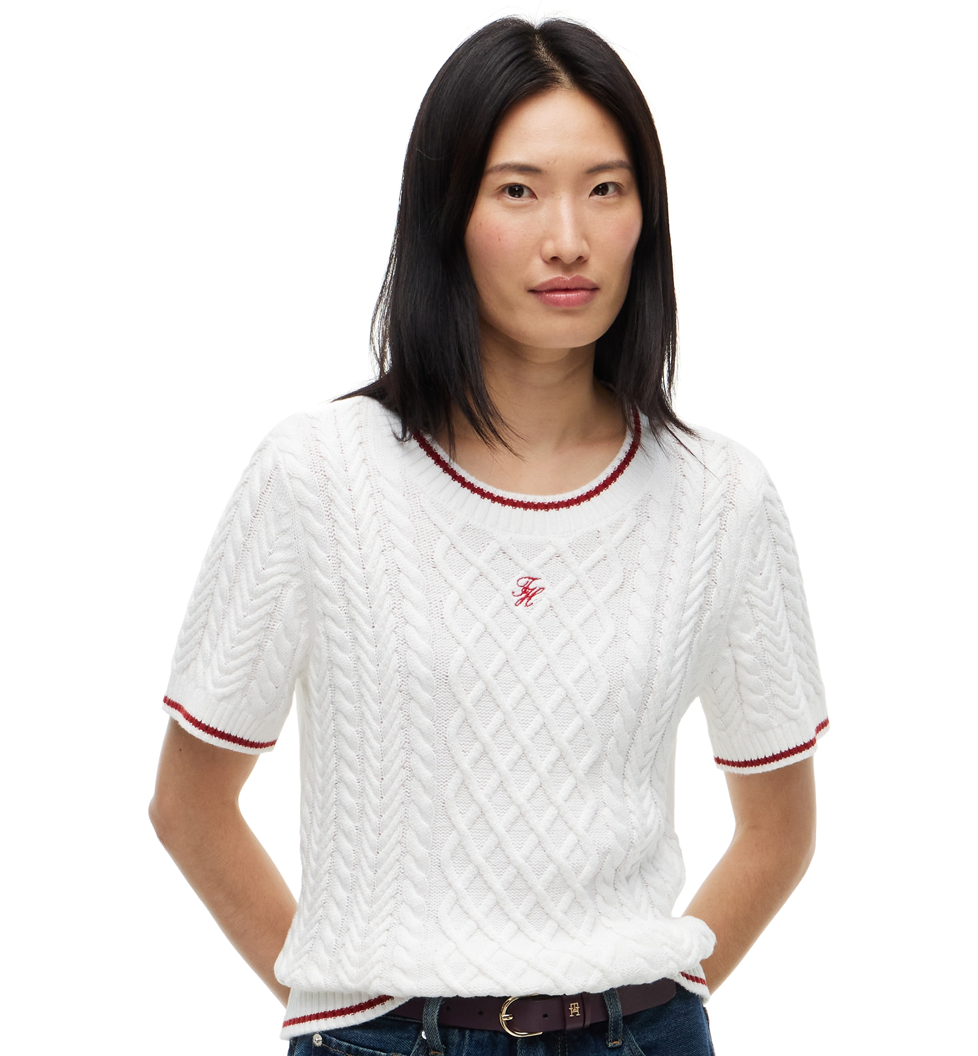 Tommy Hilfiger Women's Heritage Cable-Knit Short-Sleeve Sweater - Ecru