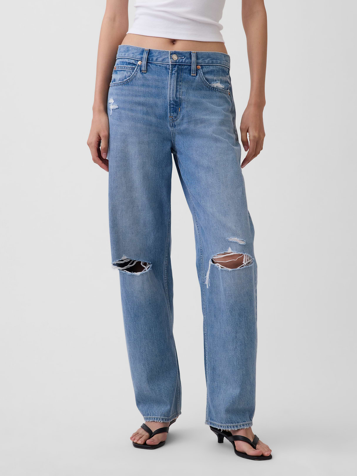 High Rise Khaki Stripe Barrel Jeans - Light indigo destroy