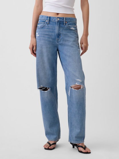 High Rise Khaki Stripe Barrel Jeans - Light indigo destroy
