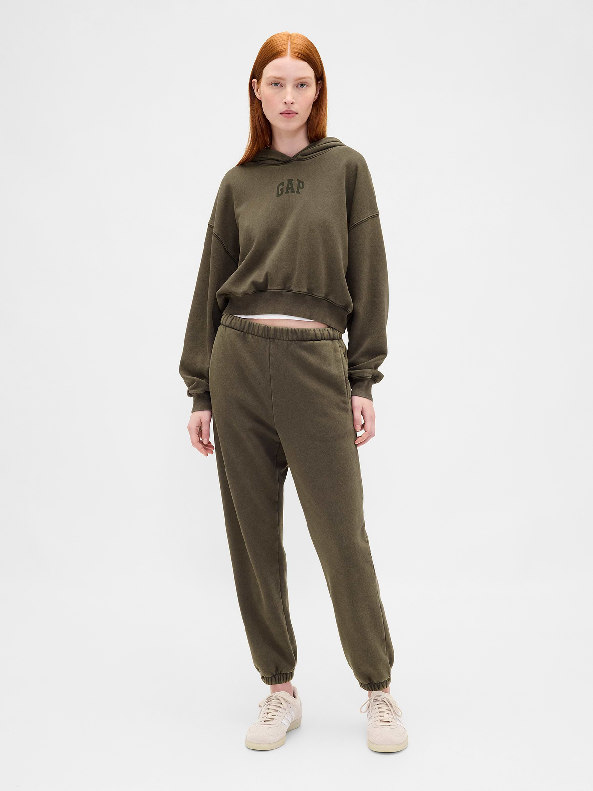 VintageSoft Crop Logo Hoodie - Black moss green wash
