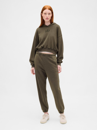 VintageSoft Crop Logo Hoodie - Black moss green wash