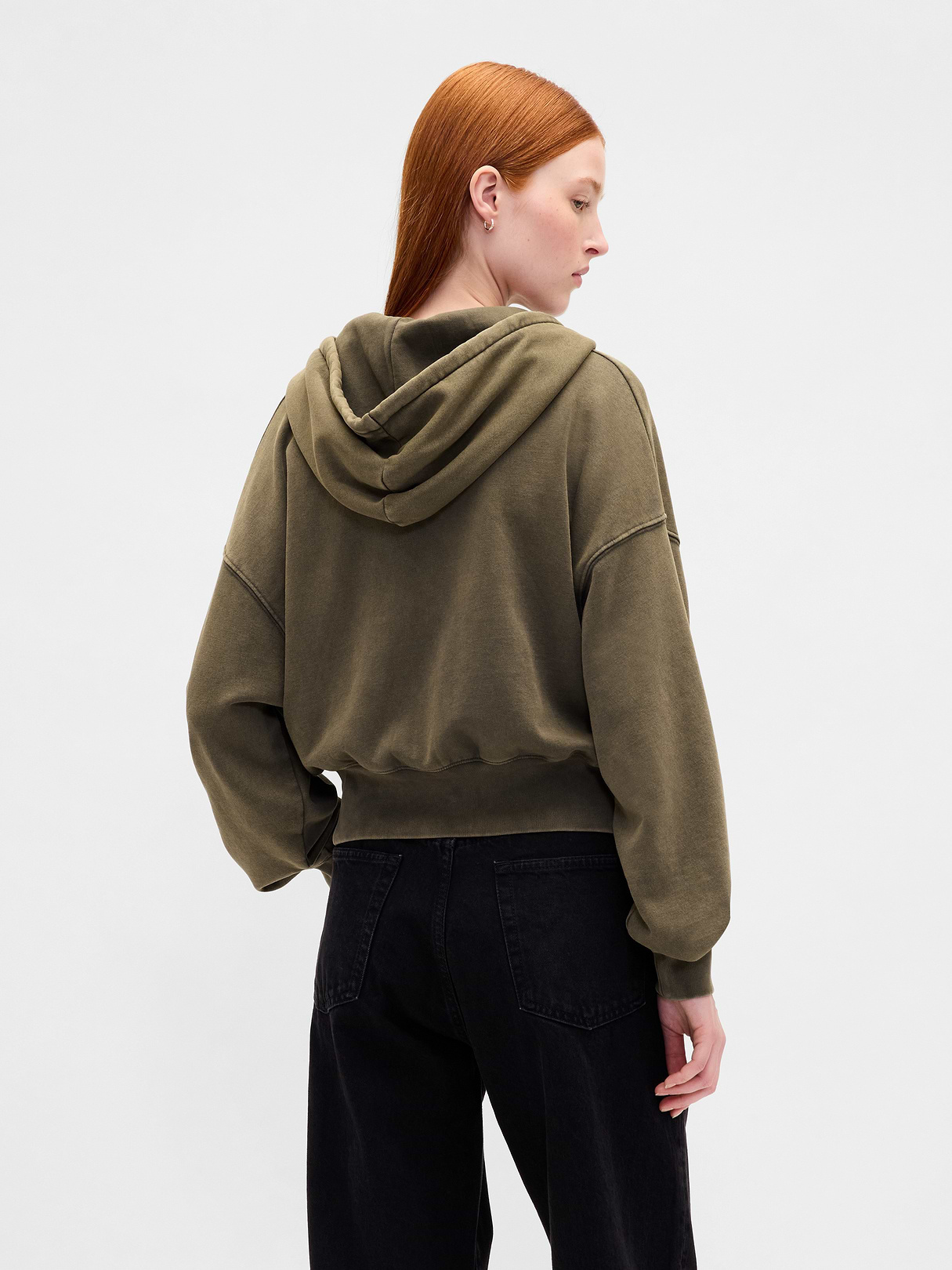 VintageSoft Wedge Zip Hoodie - Black moss green wash
