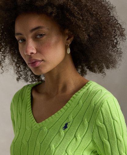 Polo Ralph Lauren Women's Cable-Knit Cotton V-Neck Sweater - Bright Leaf