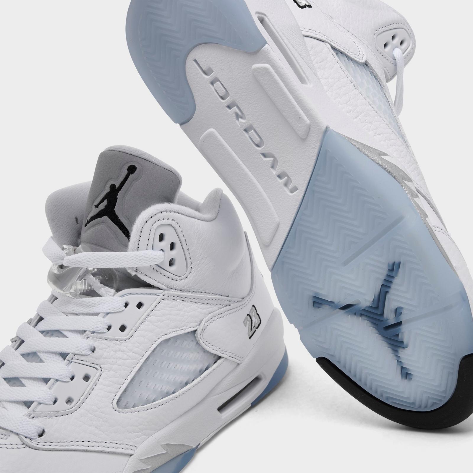 Big Kids' Air Jordan Retro 5 Basketball Shoes - White/Metallic Silver/Black - Left shoe facing left. Outside of the shoe. - view 3