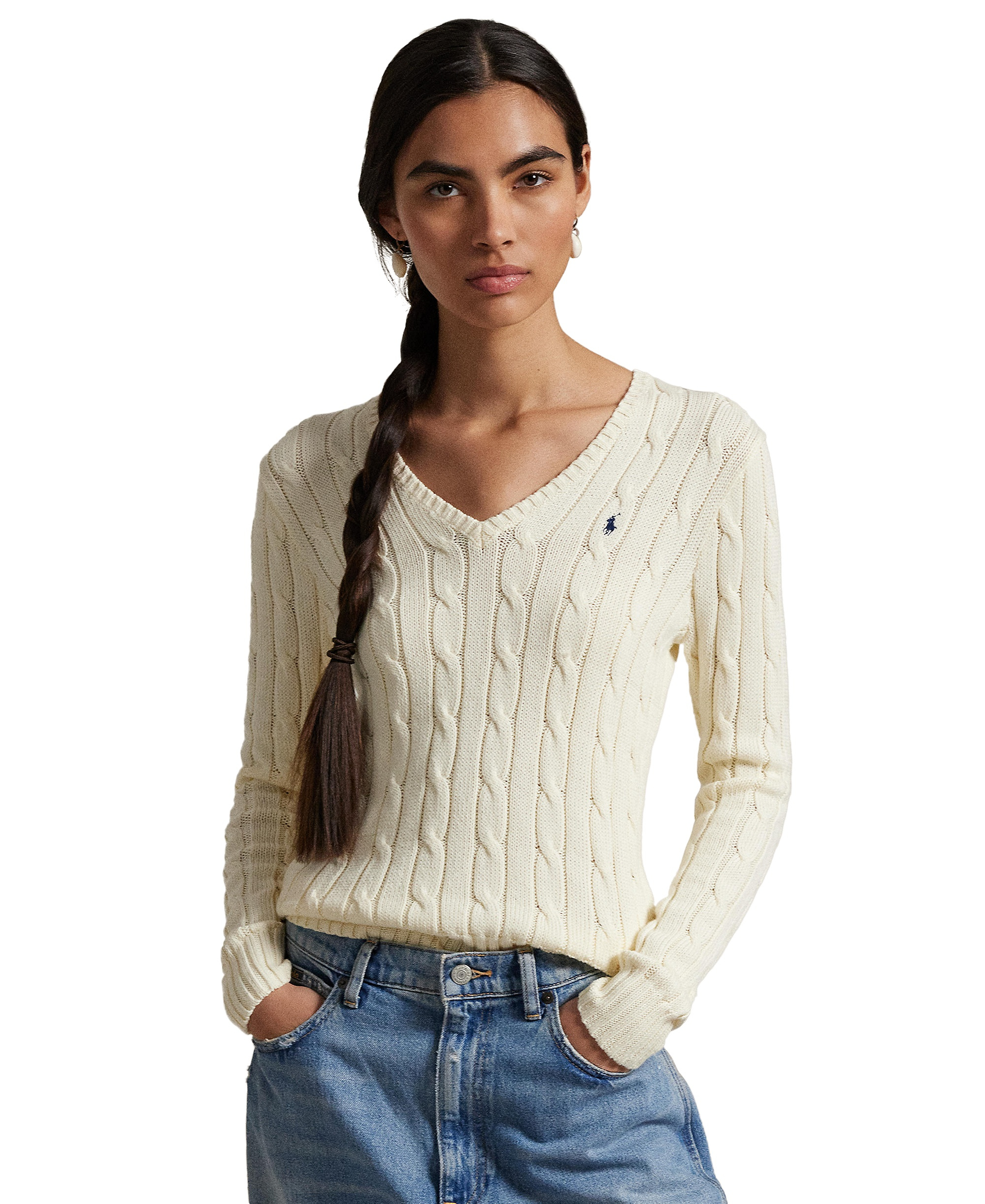 Polo Ralph Lauren Women's Cable-Knit Cotton V-Neck Sweater - Cream