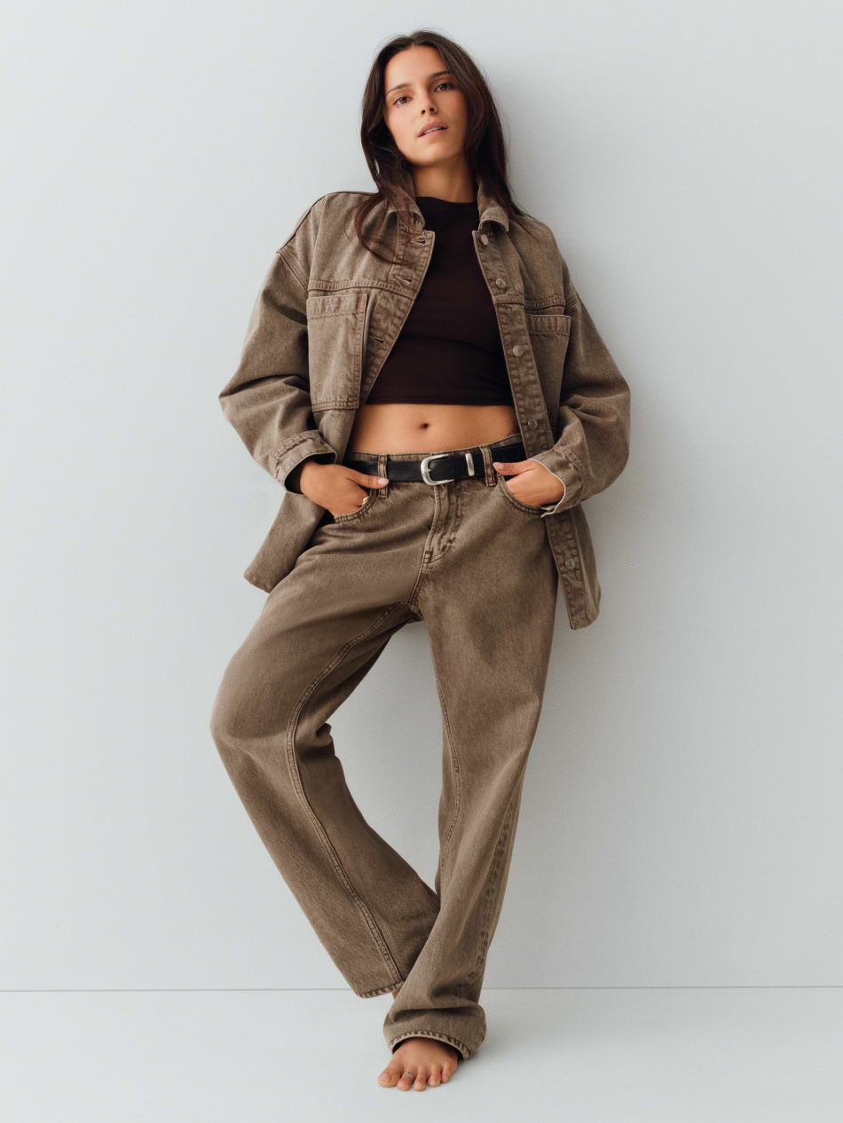 Mid Rise Straight Taper Jeans - Brown acid wash
